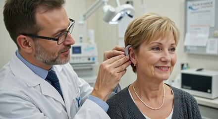 Woman with hearing loss at appointment. Doctor examining senior woman's ear with hearing implant in clinic.