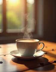 A cozy warm morning cup of coffee with delicate gold-rimmed teacup, roasted beans and autumn sunlight on a wooden table, capturing calm, tranquility and vintage elegance