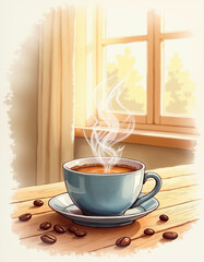 A cozy warm morning cup of coffee with delicate gold-rimmed teacup, roasted beans and autumn sunlight on a wooden table, capturing calm, tranquility and vintage elegance