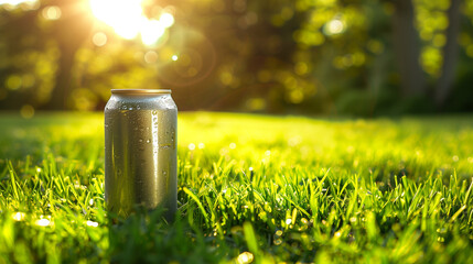 Craft beer can on lush green grass in sunny outdoor setting  