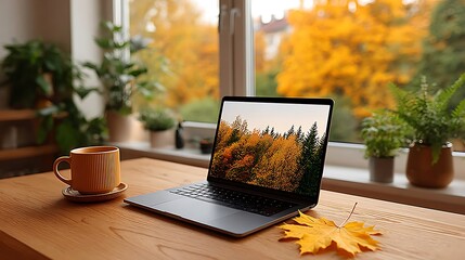 Laptop on wooden desk with a coffee cup and an autumn leaf with an autumn-themed background in window.
