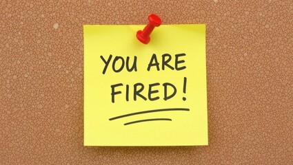 You are fired message on a vibrant yellow sticky note pinned to a cork board shows job loss or termination.
