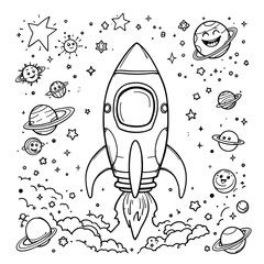 Galactic Joyride  Cartoon Rocket Launching into Space Amid Smiling Planets, Stars, and Clouds in a Whimsical Black and White Universe