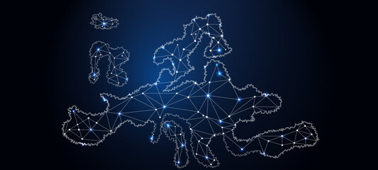 Map of Europe Point scales on dark background with Map World. Wire frame 3D mesh polygonal network abstract blue background