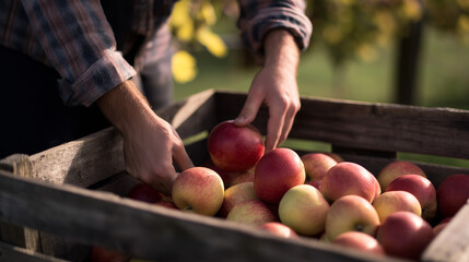 Man placing ripe apples into wooden crate in farm orchard  