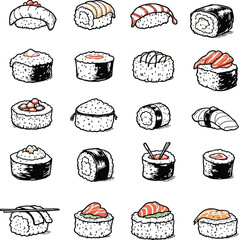 Sushi Variety Parade  Iconic Food Illustrations Featuring Assorted Nigiri, Maki, and Garnished Rolls with Unique Ingredients and Shapes