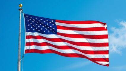Obraz premium American flag waves proudly against a clear blue sky, symbolizing freedom, independence, and the spirit of the United States of America.