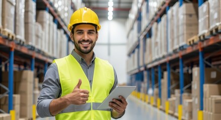 A happy warehouse worker in a hard hat and hivis vest gives a thumbs up while holding a tablet