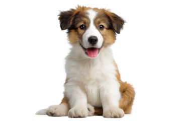 Sitting brown and white puppy looking forward with tongue out isolated on transparent background