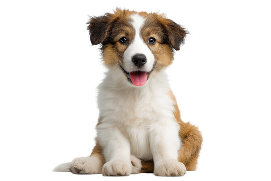 Sitting brown and white puppy looking forward with tongue out isolated on transparent background - Powered by Adobe