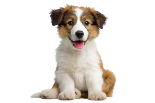 Sitting brown and white puppy looking forward with tongue out isolated on transparent background
