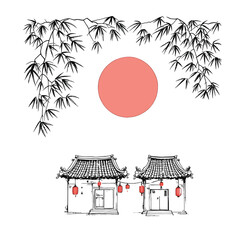 Oriental Tranquility  Ink-Style Illustration Featuring Bamboo Branches, Red Sun, and Lantern-Adorned Asian Architecture in a Calm Landscape