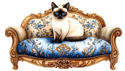 Regal Siamese Cat Sitting on Luxurious Blue and Gold Antique Upholstered Couch