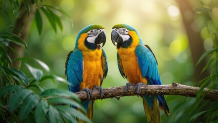 Two vibrant blue and gold Macaws perch together on a branch in a lush, green tropical jungle setting.