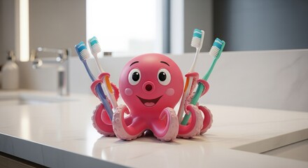 Smiling Pink Octopus Toothbrush Holder in Modern Bathroom