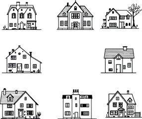 Residential Icon Set  Monochrome Illustrations of Six Unique Houses with Distinct Rooflines, Windows, and Entryways in Grid Format