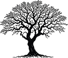 Tree of Depth  Monochrome Silhouette of a Fully Branched Tree with Spreading Roots and Foliage, Ideal for Nature Symbolism and Design Use