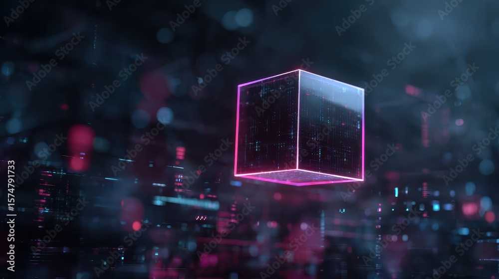 Poster A background consisting of a neon cube and data stream, generated using stock and incorporating elements of technology, virtual reality, and blockchain