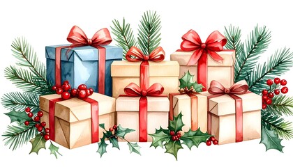 Holiday Presents Wrapped in Blue and Beige Paper with Red Ribbons and Evergreen Accents