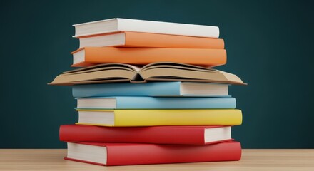 A stack of colorful books, one open, rests on a wooden surface