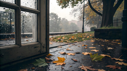 Autumnal Rain Leaves Window