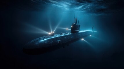 Mysterious submarine underwater at night