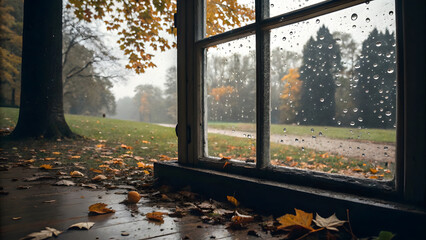 Autumn Rainy Window View