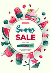 A design template for a summer flyer with various watermelon sweets and desserts. The concept of summer, summer sale. Vector illustration in A4 format for posters, banners, promotions, advertisements