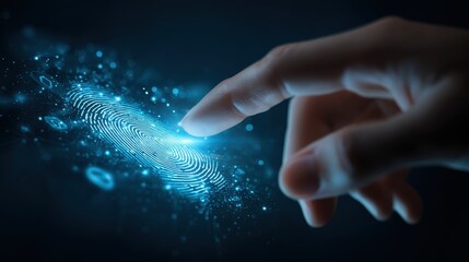 A hand with a glowing fingerprint above and digital icons below on a dark background in blue tones