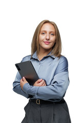 Professional woman showcases modern tablet with confidence in a transparent background