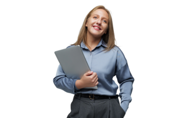 Professional woman smiling confidently while holding a laptop in a transparent background