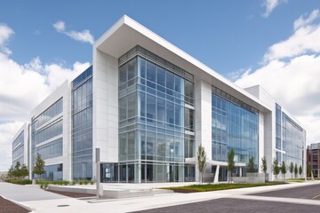 Modern office building exterior sunny day