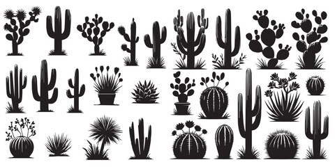 set of silhouette vector illustration cacti, agaves, a Joshua tree, and prickly pears on white background