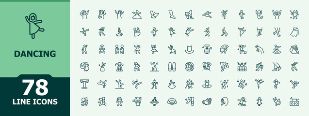 Dancing icon set. Minimalist icons collection. Contains such symbols as break dance, party, disco, dancer. Pixel perfect. Editable vector. Pose icon set.