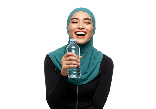 Happy Muslim Sportswoman Hydrating with Water Bottle on Transparent Background PNG