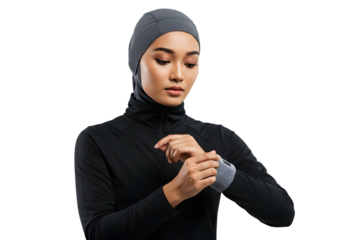 Muslim Sportswoman Adjusting Smartwatch on Transparent Background PNG