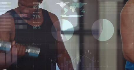 Partners alternating dumbbell curls activating animated analytics overlay tracking metrics in gym - Powered by Adobe