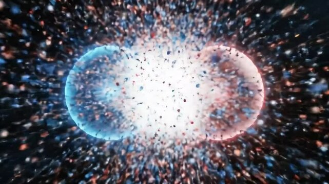 Collision of two particles, such as matter and antimatter, creating a powerful explosion of energy and light. A concept for particle physics and high-energy research.

