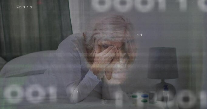Woman reaching smartphone and answering emotional call, wiping tear with binary rising in health