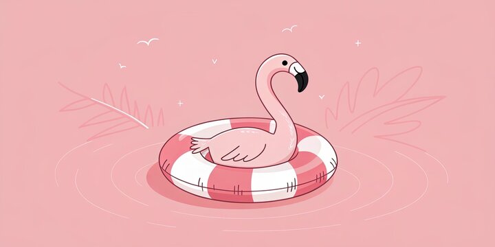 Gentle pastel illustration of a pink flamingo float surrounded by delicate leaves and calm water with soft tones.
