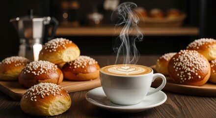 A steaming cup of latte with heart art sits among freshly baked buns on a wooden table