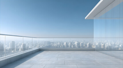 Obraz premium Modern architecture high rise rooftop terrace view overlooking a cityscape under a clear blue sky urban landscape