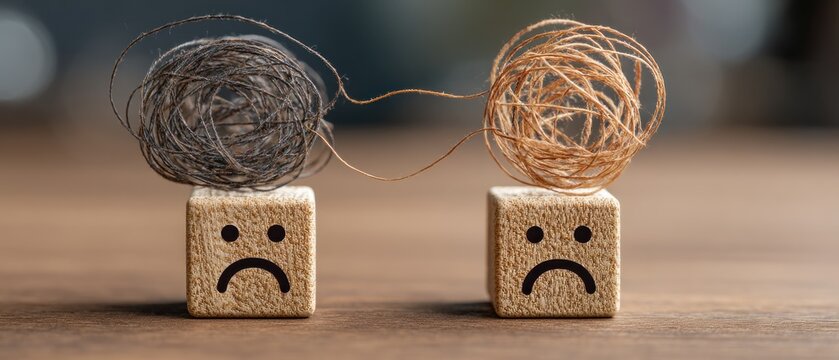 Sad wooden blocks with tangled string