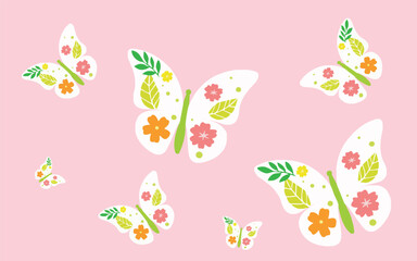 Editable white multicolored vector ornarmental butterfly silhouette pattern with petal textures in a pink background 