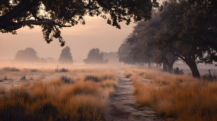 Enchanting misty landscape with sunlit meadow trail and tree silhouettes at dawn serene nature photography evocative