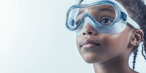 Girl, curious, wearing swimming goggles, looking up with a focused expression