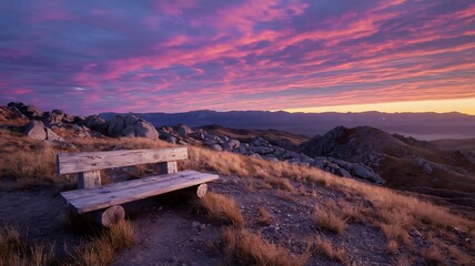 Pink and Orange Sunset Over Barren Landscape with Bench