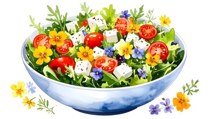Watercolor Bowl of Salad with Cherry Tomatoes, Feta, and Edible Blossoms