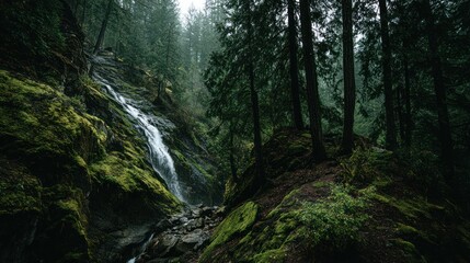 Fototapeta premium Lush green forest waterfall scene, mist and moss