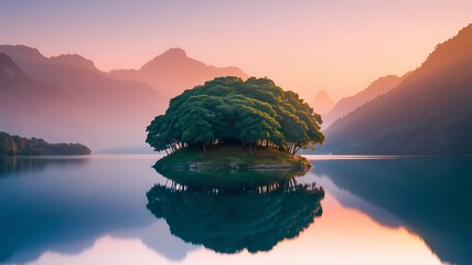 Lonely Island Lake Sunrise Reflection Calm Water, Misty Mountains